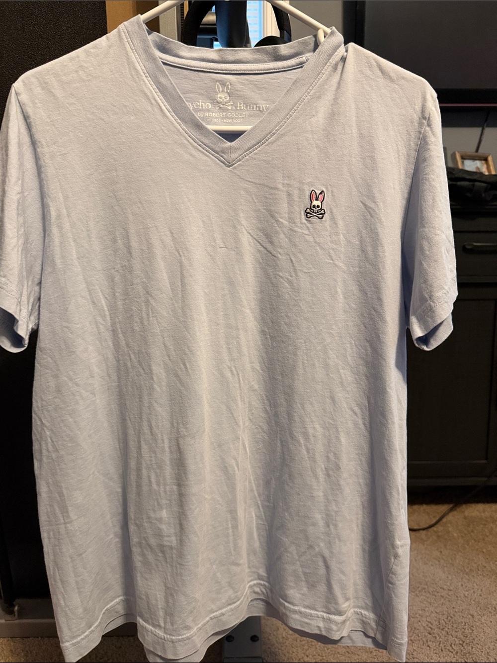 Psycho Bunny Men's Pale Blue V-Neck Tee with Embroidered Logo